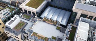An aerial drone shot showing the full 90 Long Acre project, carried out by MAC Roofing using BMI Icopal Parabit Solo Hotmelt and Sealoflex Ultima Premium products.