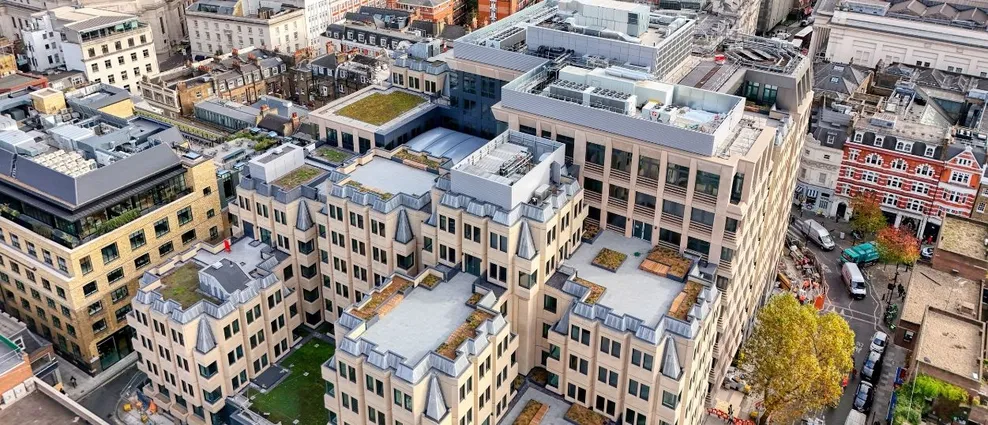 An aerial drone shot showing 90 Long Acre, a flat roofing project carried out by Mac Roofing using BMI Icopal Parabit Solo Hotmelt and Sealoflex Ultima Premium products.