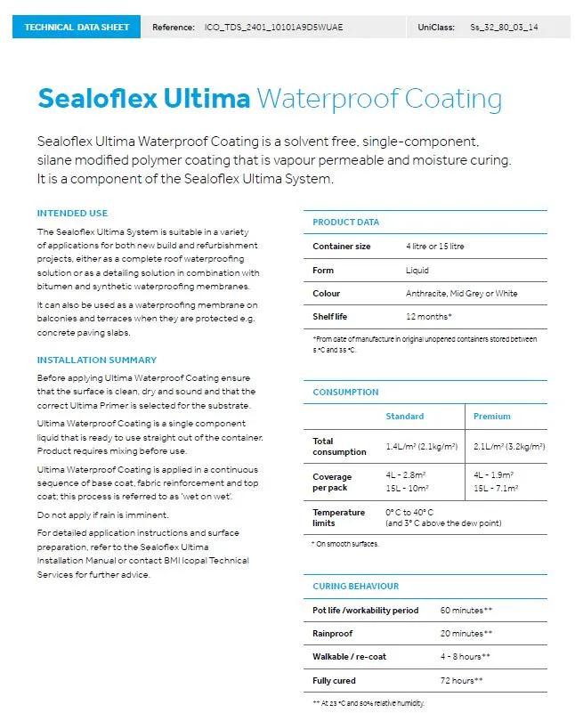 Snapshot of the Sealoflex Ultima Technical Data Sheet