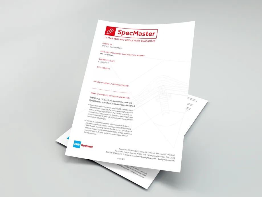 BMI Redland SpecMaster guarantee certificate